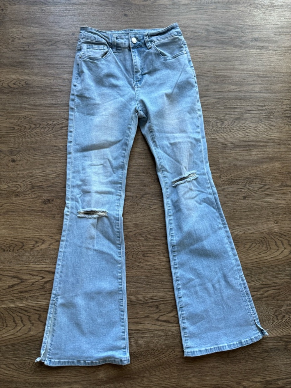 SHEIN Petite Flare Jeans | Light Wash Distressed Split Hem | Y2K S